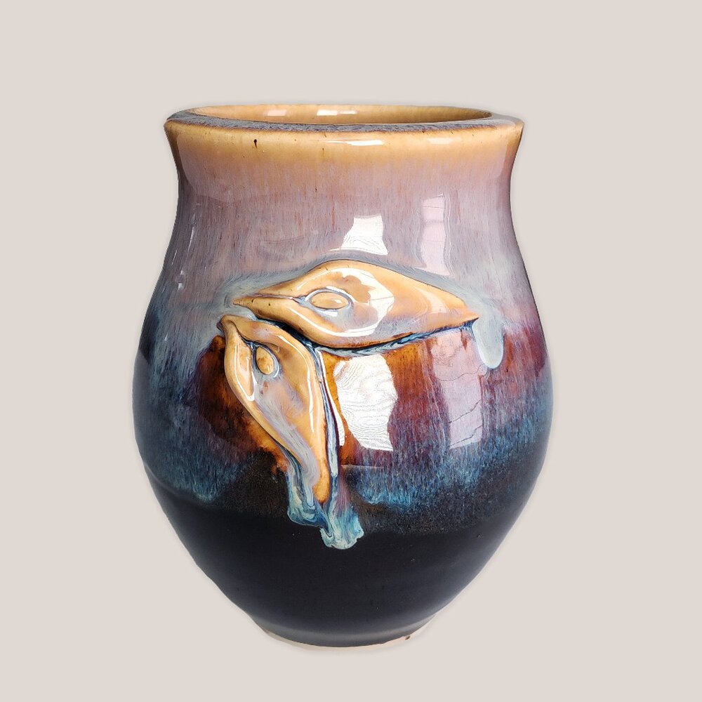 Handmade Ceramic Glazed Vase with Flower Design Ombre Effect Purple Tan Black